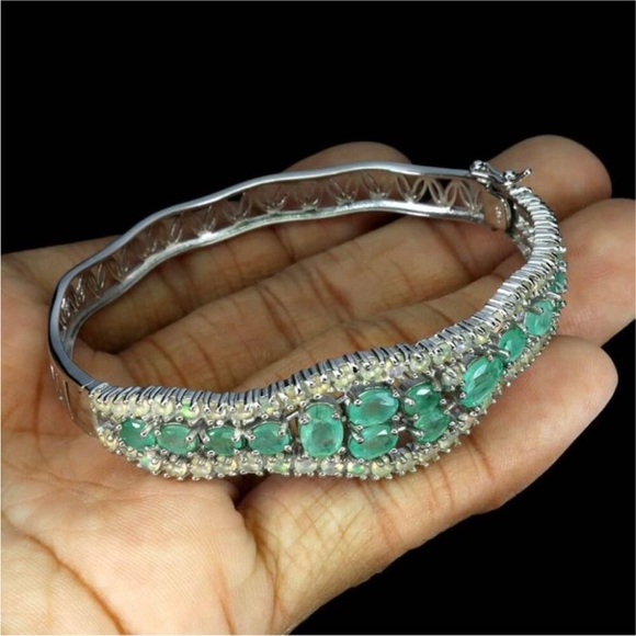 New Natural Green Emeralds fire opal cuff bracelet 14K gold on sterling silver - Picture 3 of 5